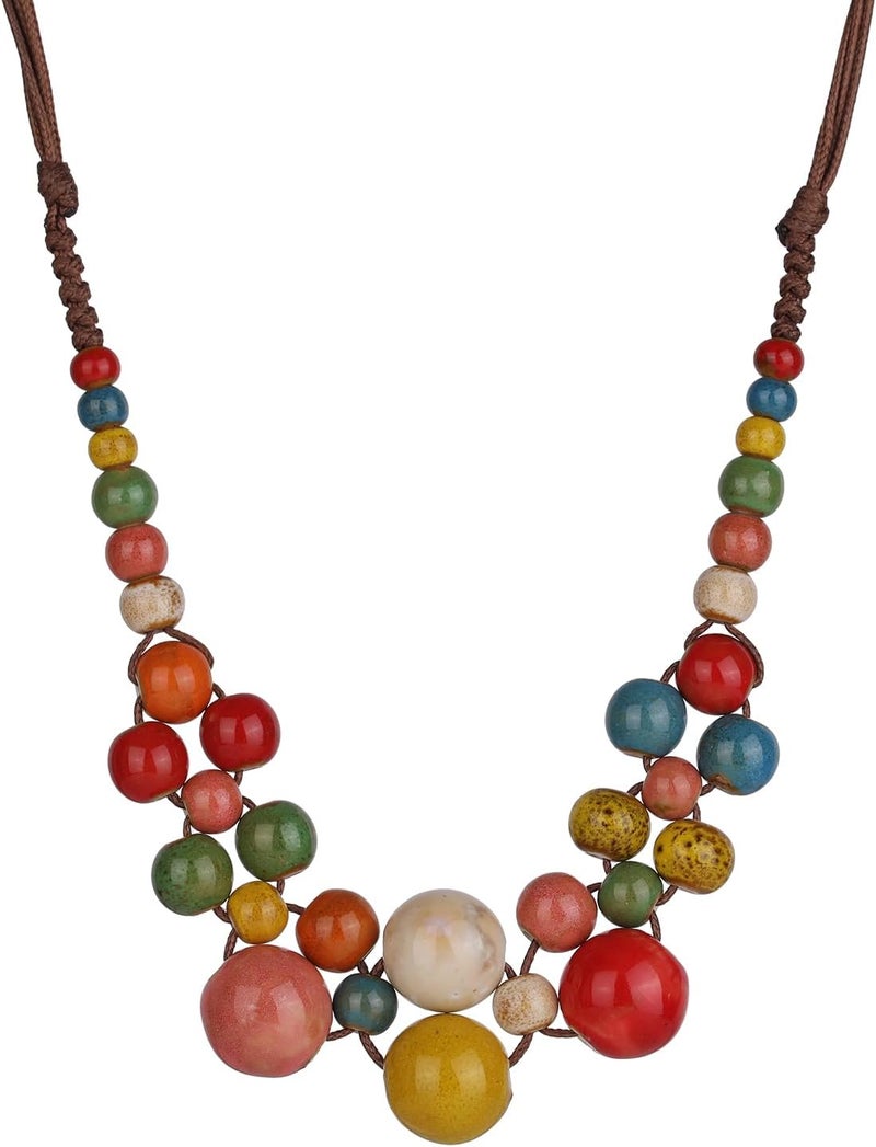 DS Boho Beaded Necklace for Women–Colorful Ceramic & African Tribal Beads, Adjustable Long Chunky Bohemian Jewelry with Gift Box Packaging,Hippie Witchy Vintage Handmade Fashion Statement Necklace - Image 1